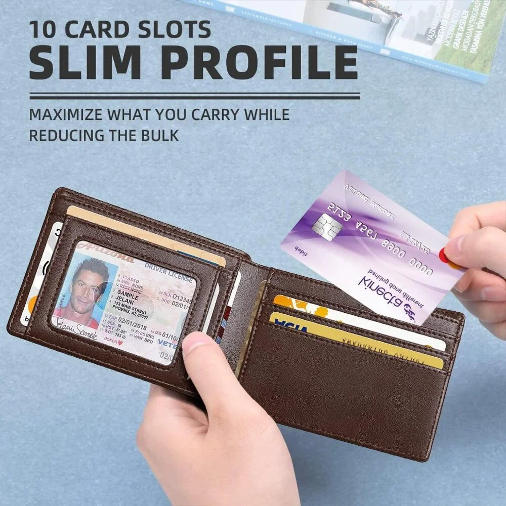 Men's Chocolate Premium Vegan Leather Wallet Slim Blocking Credit Card Design - Picture 3 of 8